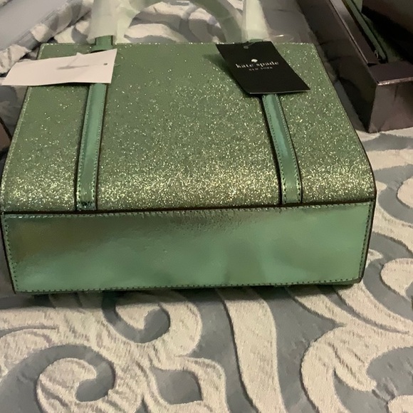 Kate Spade NWT Mini Tote Green Gold Glitter Bag, Wallet, Card Case Retail$580 - Picture 11 of 14